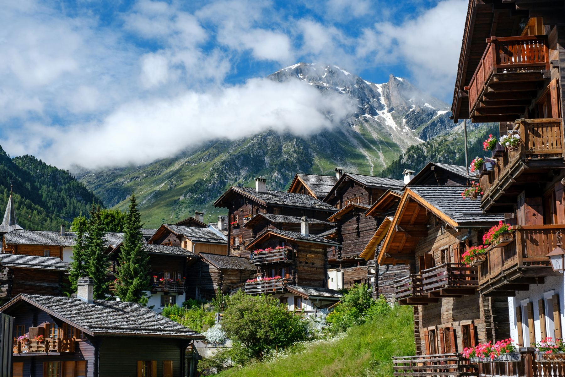 Wooden chalets below the Alps in Zermatt, Switzerland
