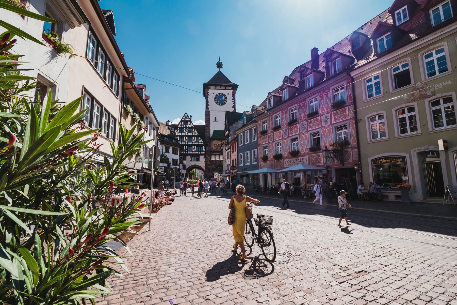 A cobblestone street in Freiburg, Germany