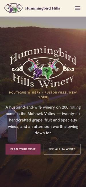 Hummingbird Hills Winery homepage on mobile