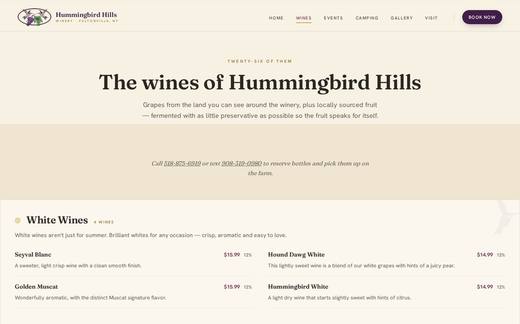 The Wines page of the Hummingbird Hills Winery website