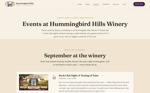 Events page of the Hummingbird Hills Winery website
