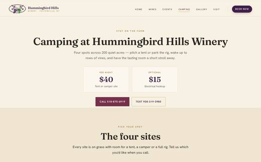 Camping page of the Hummingbird Hills Winery website