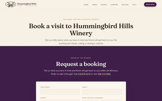 Request a Booking page of the Hummingbird Hills Winery website